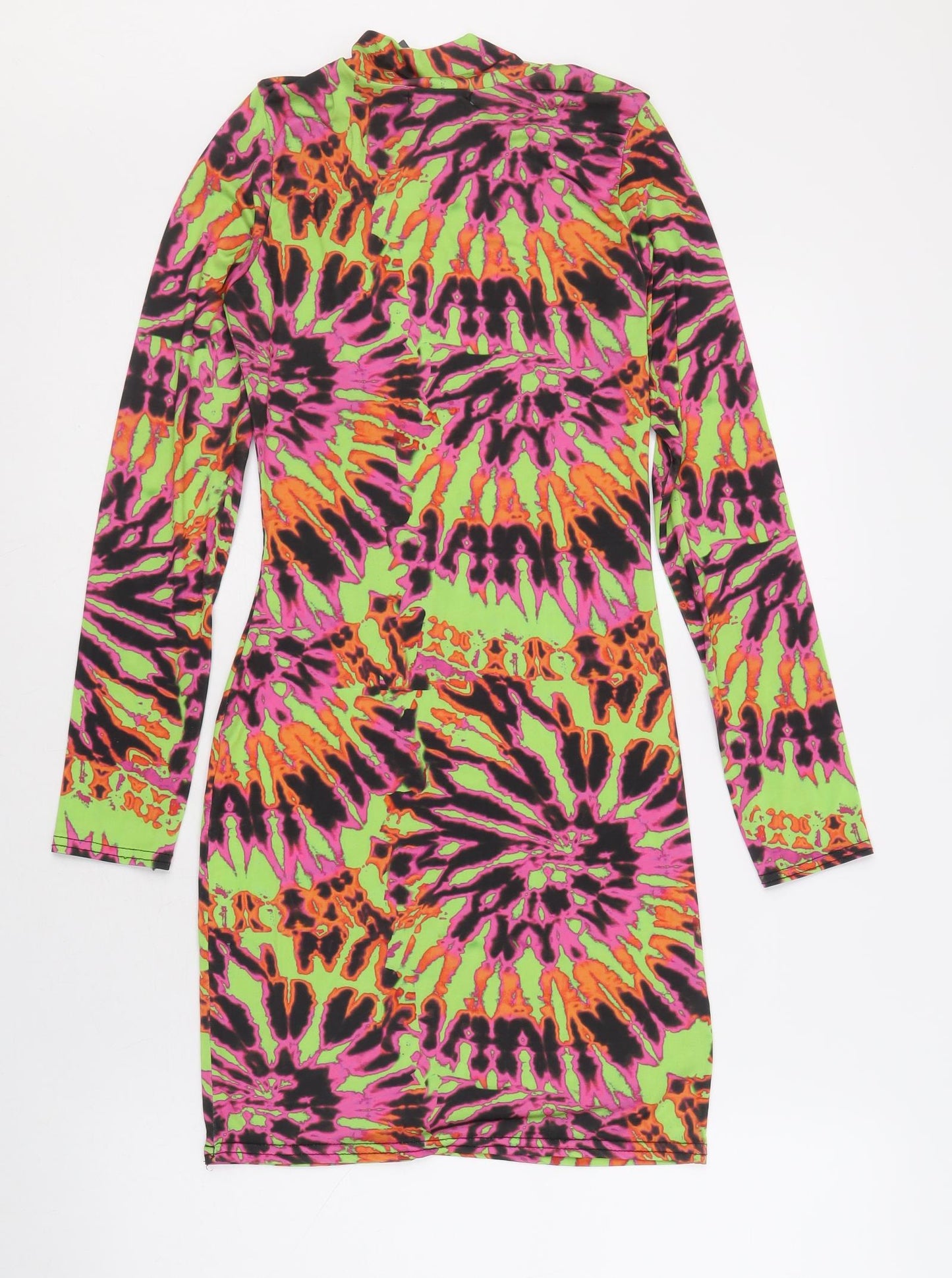 PRETTYLITTLETHING Womens Multicoloured Geometric Viscose Bodycon Size 6 Mock Neck Pullover