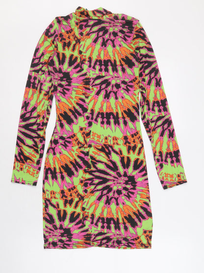 PRETTYLITTLETHING Womens Multicoloured Geometric Viscose Bodycon Size 6 Mock Neck Pullover