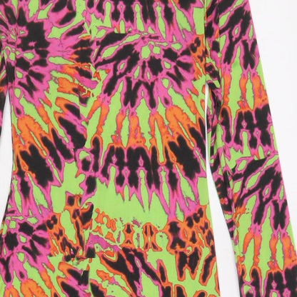 PRETTYLITTLETHING Womens Multicoloured Geometric Viscose Bodycon Size 6 Mock Neck Pullover