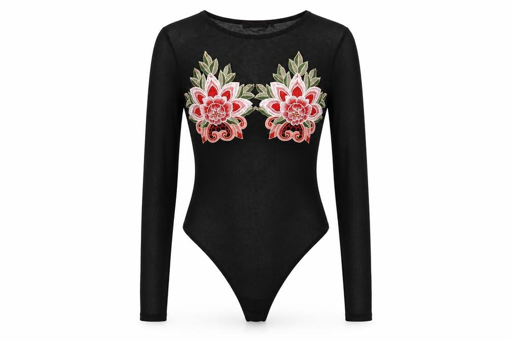Edge Street Womens Black Polyester Bodysuit One-Piece Size 10 Snap - Floral Detail