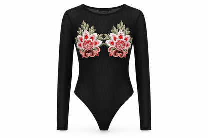 Edge Street Womens Black Polyester Bodysuit One-Piece Size 10 Snap - Floral Detail