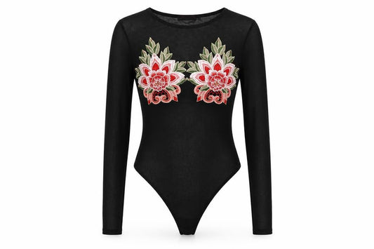 Edge Street Womens Black Polyester Bodysuit One-Piece Size 10 Snap - Floral Detail