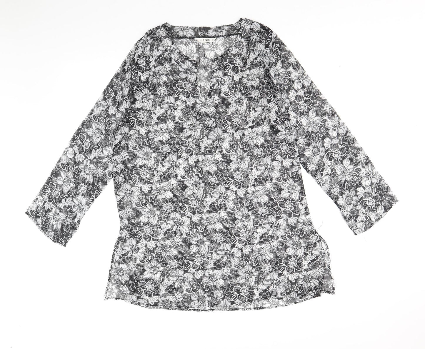 George Womens Black Floral Polyester Kaftan Size 10 V-Neck Pullover - Beach cover up