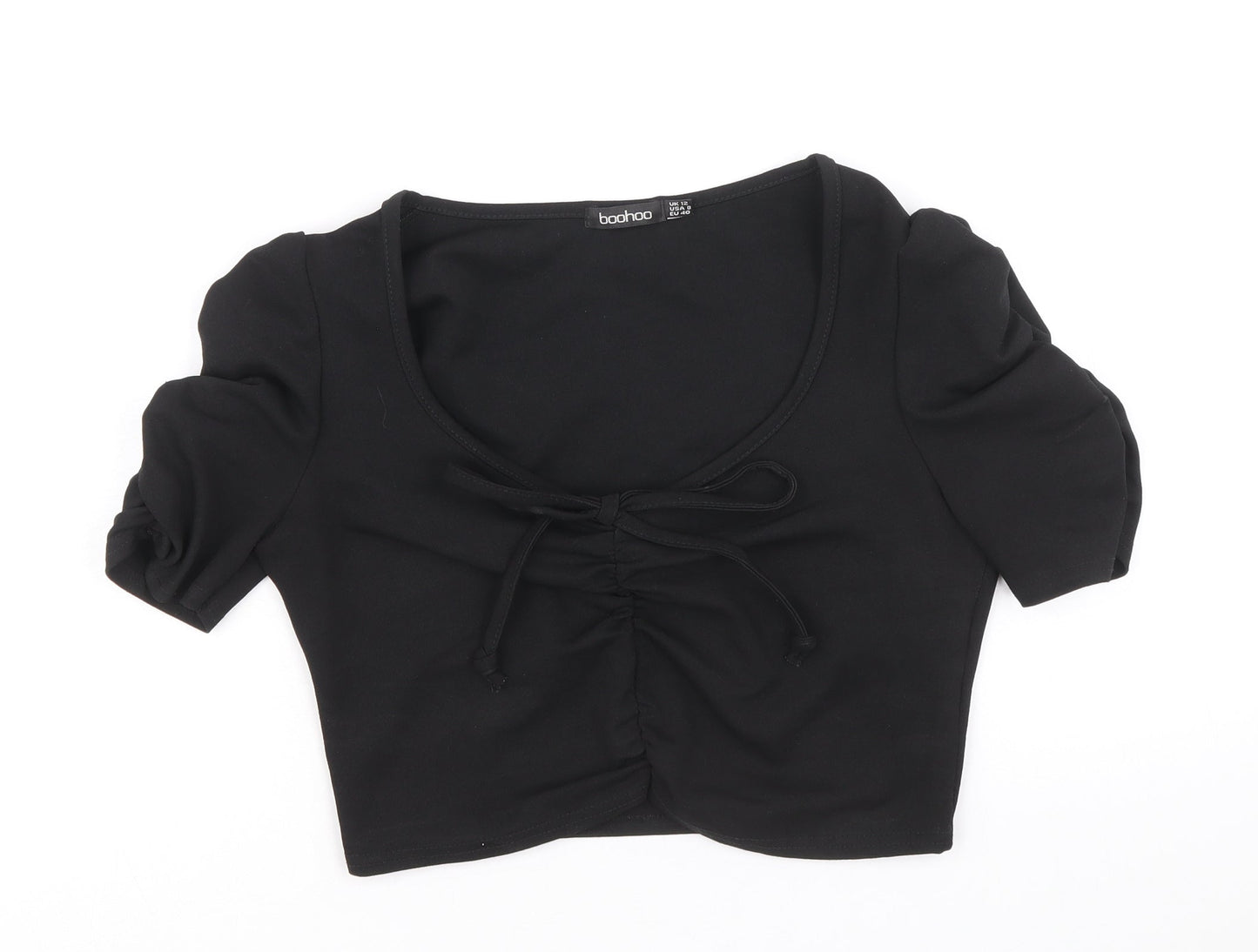 Boohoo Womens Black Polyacrylate Fibre Cropped T-Shirt Size 12 Scoop Neck - Front Ruched