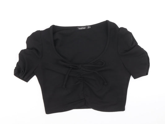 Boohoo Womens Black Polyacrylate Fibre Cropped T-Shirt Size 12 Scoop Neck - Front Ruched