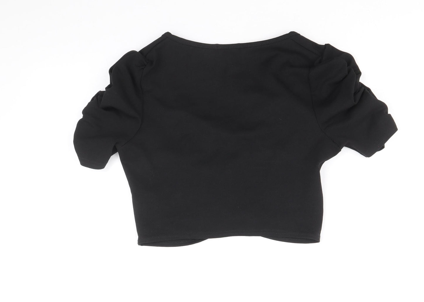 Boohoo Womens Black Polyacrylate Fibre Cropped T-Shirt Size 12 Scoop Neck - Front Ruched