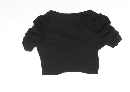 Boohoo Womens Black Polyacrylate Fibre Cropped T-Shirt Size 12 Scoop Neck - Front Ruched