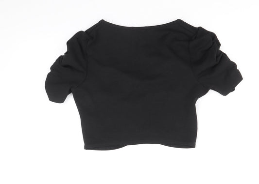 Boohoo Womens Black Polyacrylate Fibre Cropped T-Shirt Size 12 Scoop Neck - Front Ruched