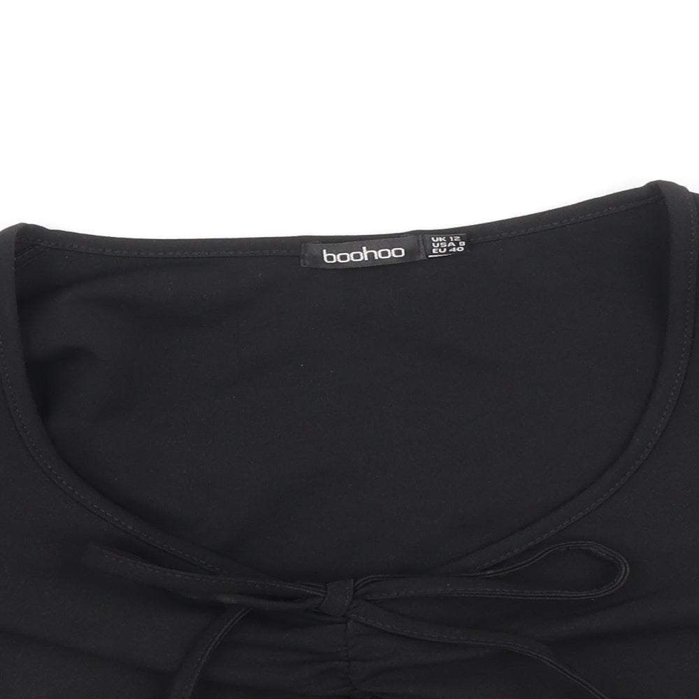 Boohoo Womens Black Polyacrylate Fibre Cropped T-Shirt Size 12 Scoop Neck - Front Ruched