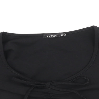 Boohoo Womens Black Polyacrylate Fibre Cropped T-Shirt Size 12 Scoop Neck - Front Ruched