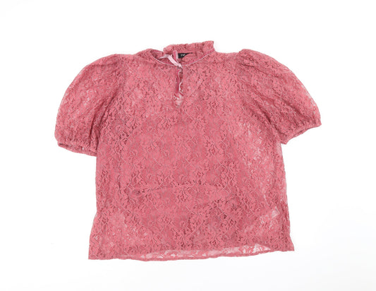 F&F Womens Pink Floral Polyamide Basic Blouse Size 14 Round Neck