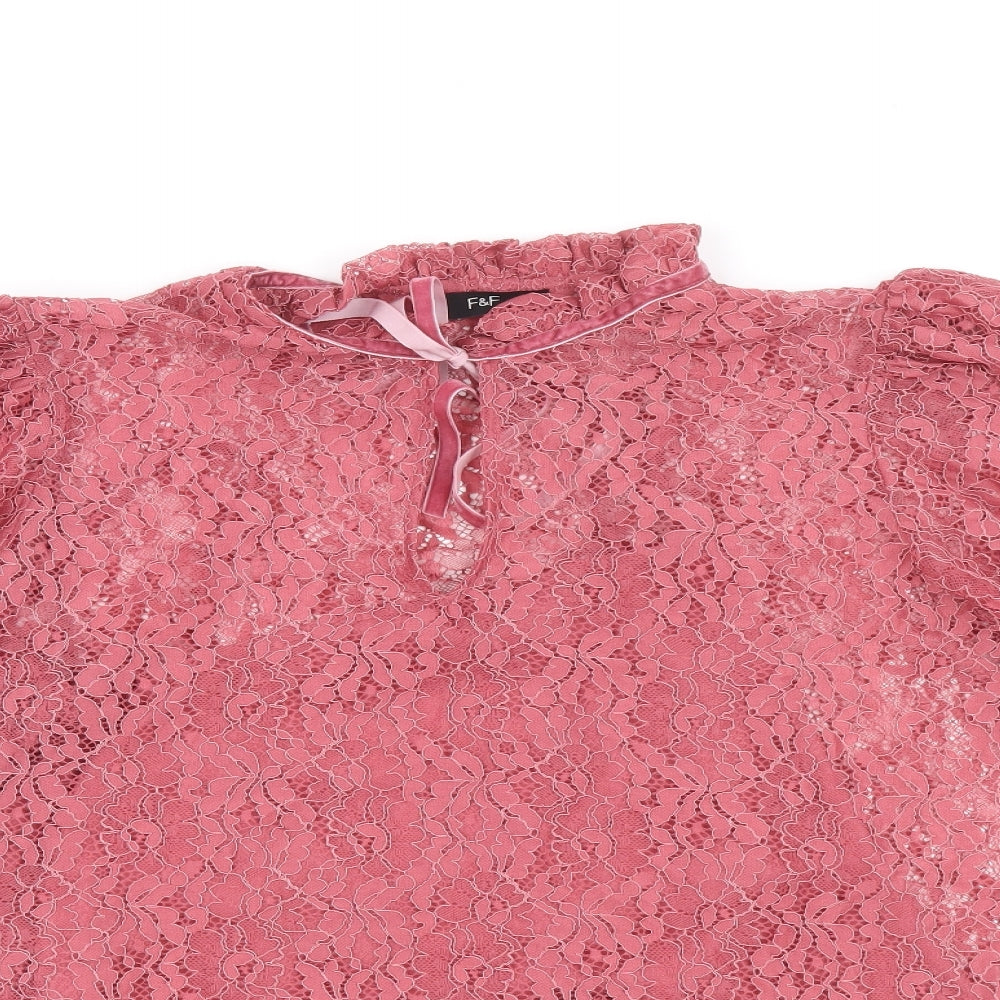 F&F Womens Pink Floral Polyamide Basic Blouse Size 14 Round Neck