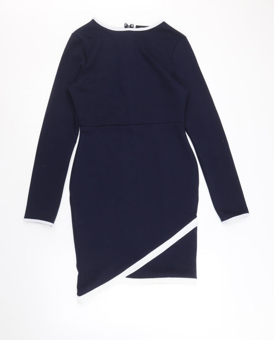 Missguided Womens Blue Polyester Bodycon Size 10 Boat Neck Zip - Asymmetric Detail