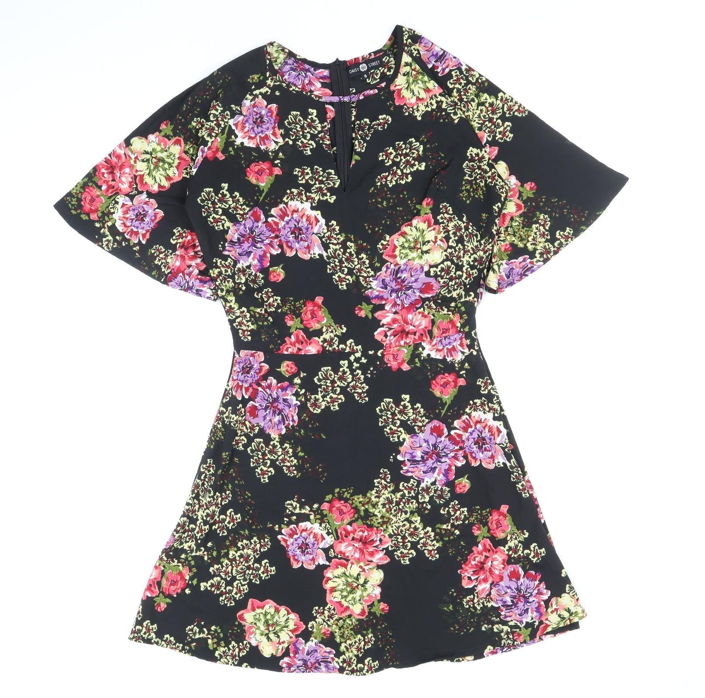 Daisy Street Womens Black Floral Polyester A-Line Size 8 Scoop Neck Zip - Angel Sleeve
