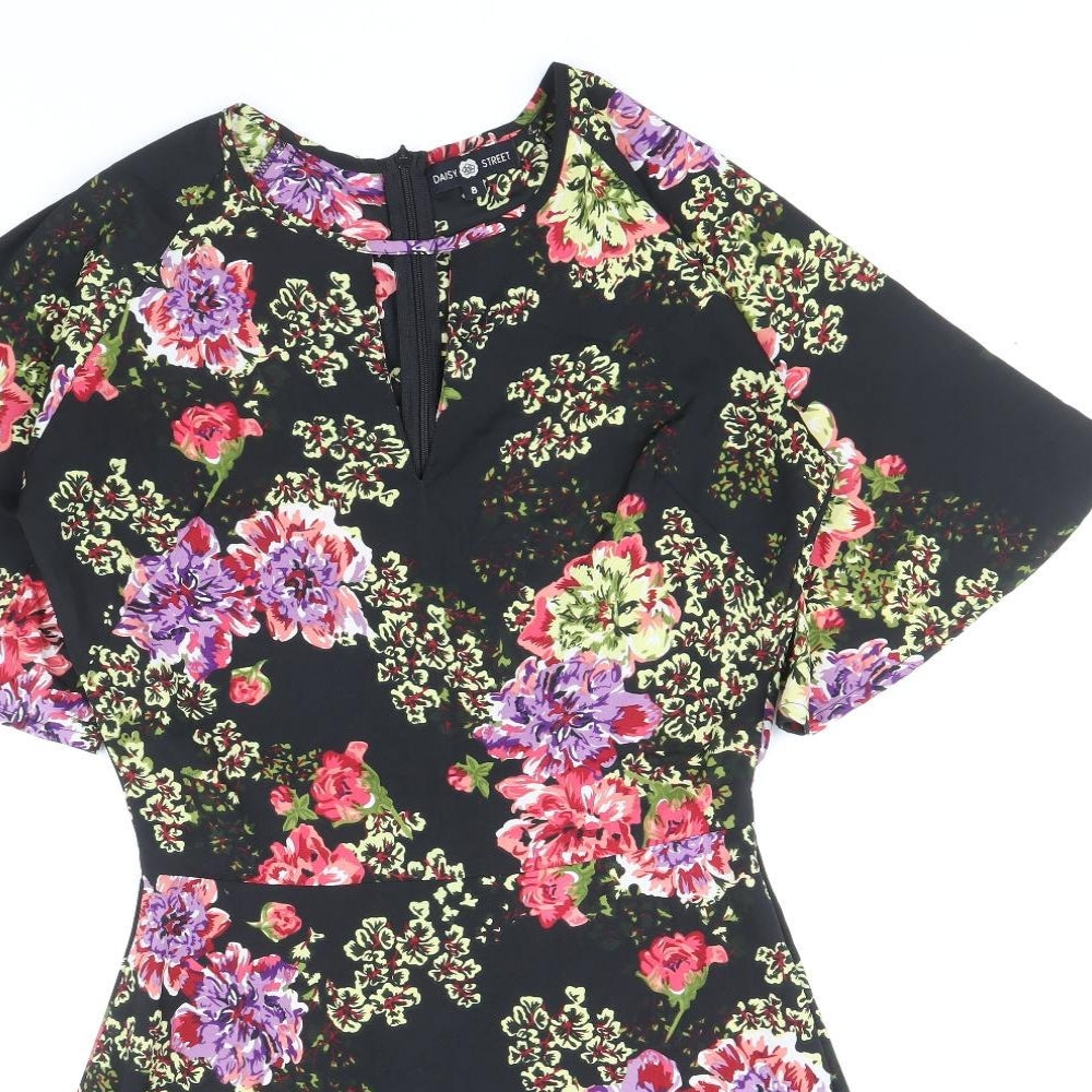 Daisy Street Womens Black Floral Polyester A-Line Size 8 Scoop Neck Zip - Angel Sleeve