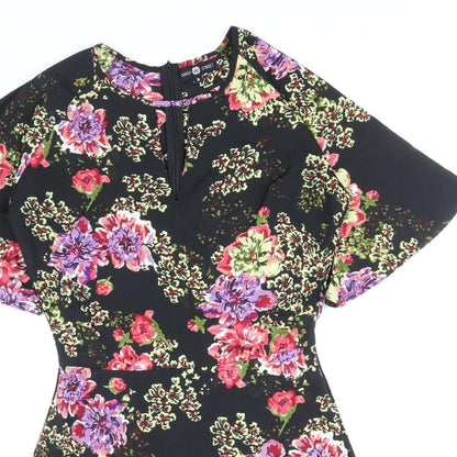Daisy Street Womens Black Floral Polyester A-Line Size 8 Scoop Neck Zip - Angel Sleeve