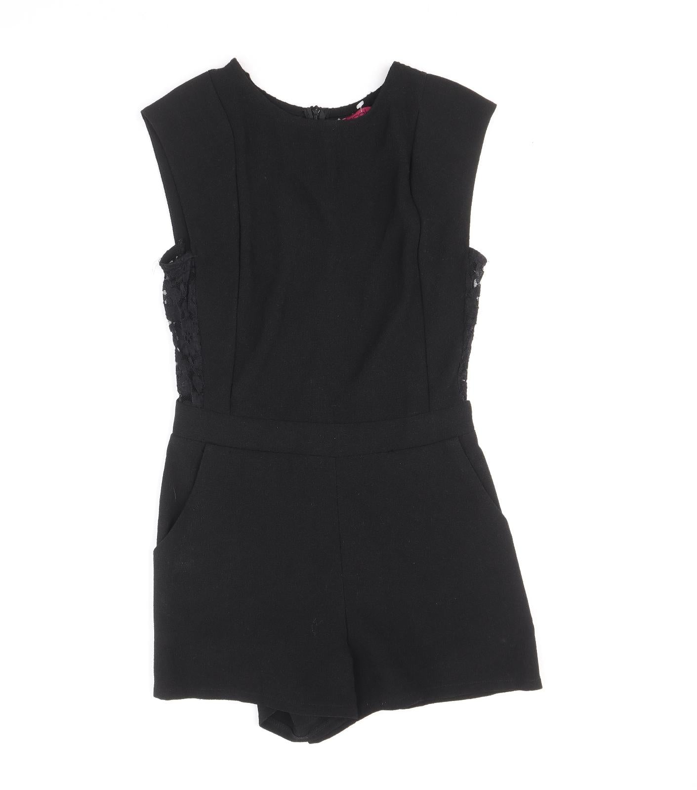 Boohoo Womens Black Polyester Playsuit One-Piece Size 6 Zip - Lace Detail