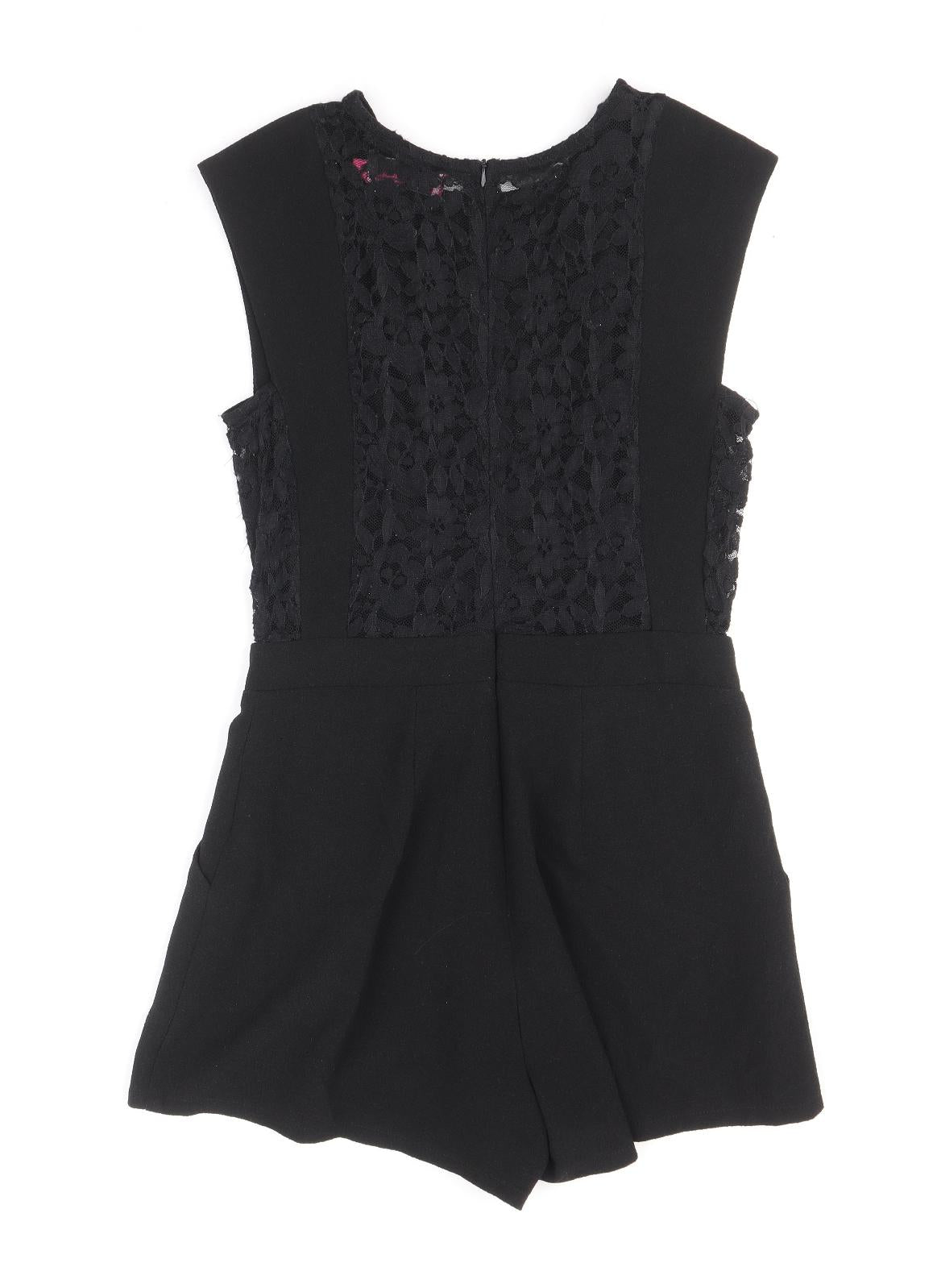 Boohoo Womens Black Polyester Playsuit One-Piece Size 6 Zip - Lace Detail