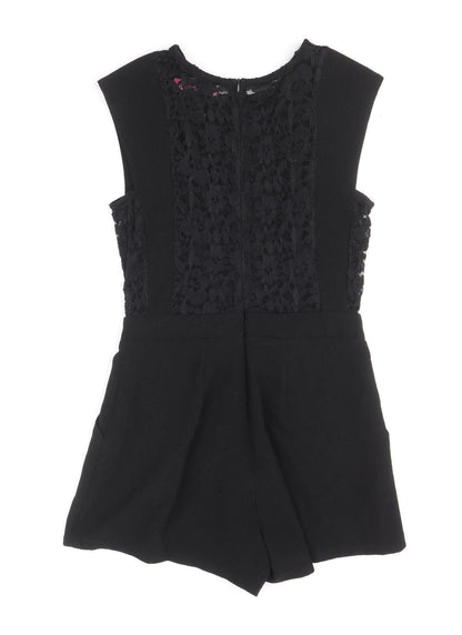 Boohoo Womens Black Polyester Playsuit One-Piece Size 6 Zip - Lace Detail