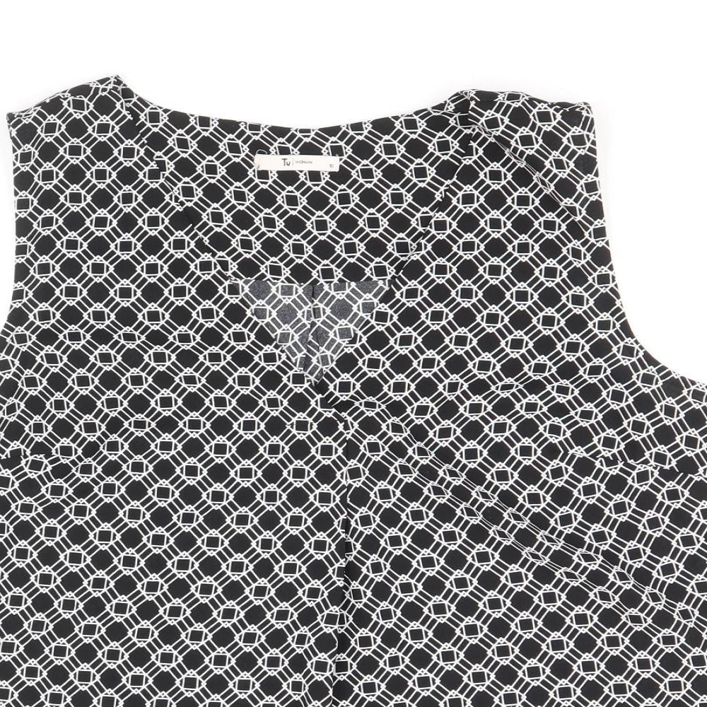 TU Womens Black Geometric Polyester Basic Tank Size 10 V-Neck