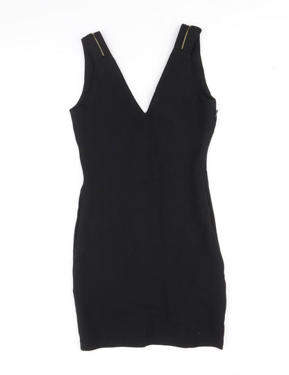 Zara Womens Black Viscose Pencil Dress Size S V-Neck Zip