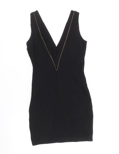 Zara Womens Black Viscose Pencil Dress Size S V-Neck Zip