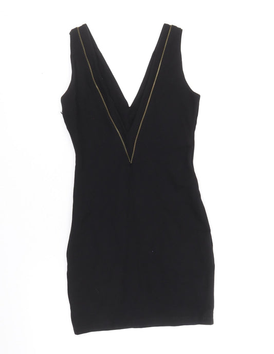 Zara Womens Black Viscose Pencil Dress Size S V-Neck Zip