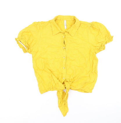 Tiffosi Womens Yellow Viscose Cropped Button-Up Size S Collared - Knot Front