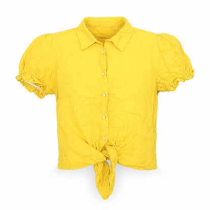 Tiffosi Womens Yellow Viscose Cropped Button-Up Size S Collared - Knot Front