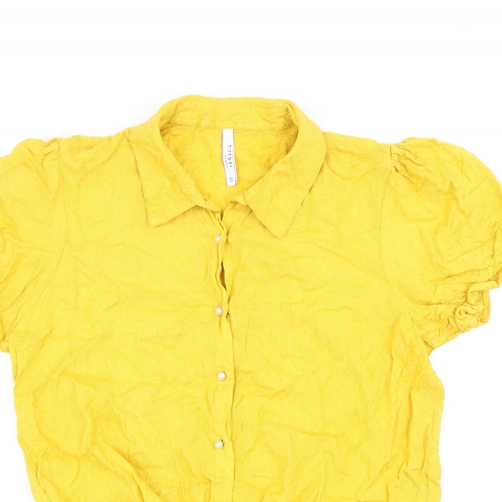 Tiffosi Womens Yellow Viscose Cropped Button-Up Size S Collared - Knot Front