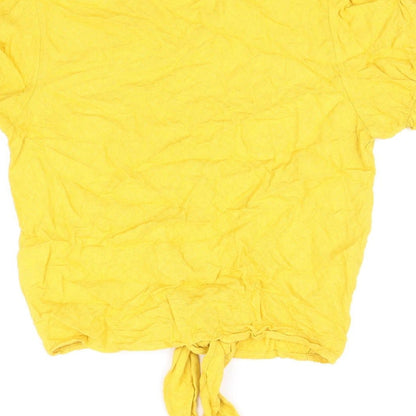 Tiffosi Womens Yellow Viscose Cropped Button-Up Size S Collared - Knot Front