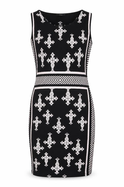 KIKIRIKI Womens Multicoloured Geometric Polyester Pencil Dress Size M Scoop Neck Pullover - Crosses