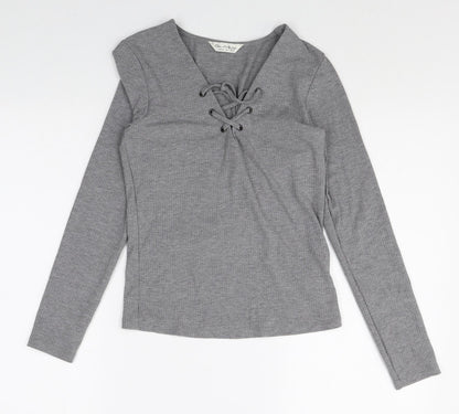 Miss Selfridge Womens Grey Polyacrylate Fibre Basic T-Shirt Size 10 V-Neck - Lace Up Front Detail