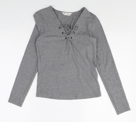 Miss Selfridge Womens Grey Polyacrylate Fibre Basic T-Shirt Size 10 V-Neck - Lace Up Front Detail