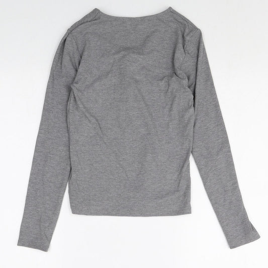 Miss Selfridge Womens Grey Polyacrylate Fibre Basic T-Shirt Size 10 V-Neck - Lace Up Front Detail