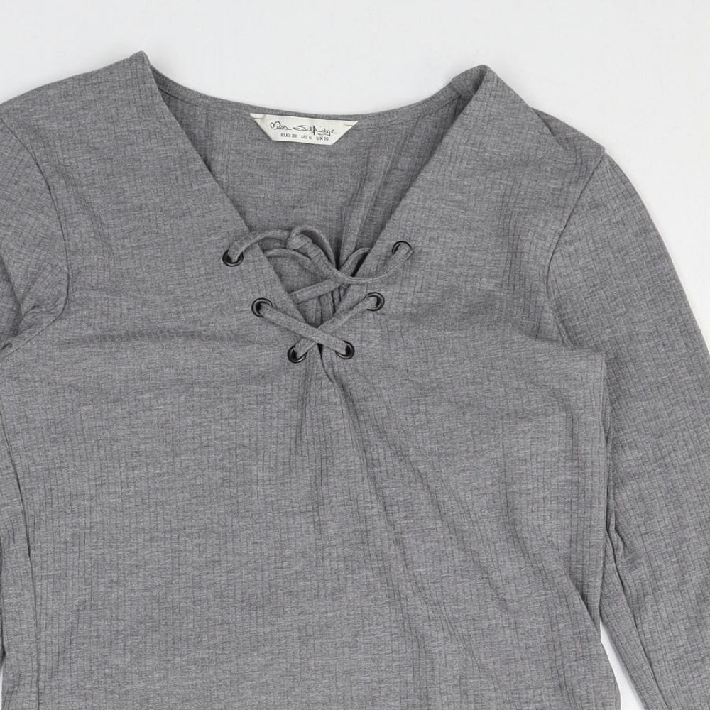 Miss Selfridge Womens Grey Polyacrylate Fibre Basic T-Shirt Size 10 V-Neck - Lace Up Front Detail