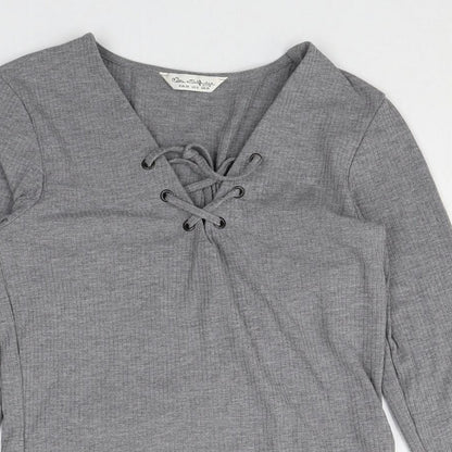 Miss Selfridge Womens Grey Polyacrylate Fibre Basic T-Shirt Size 10 V-Neck - Lace Up Front Detail