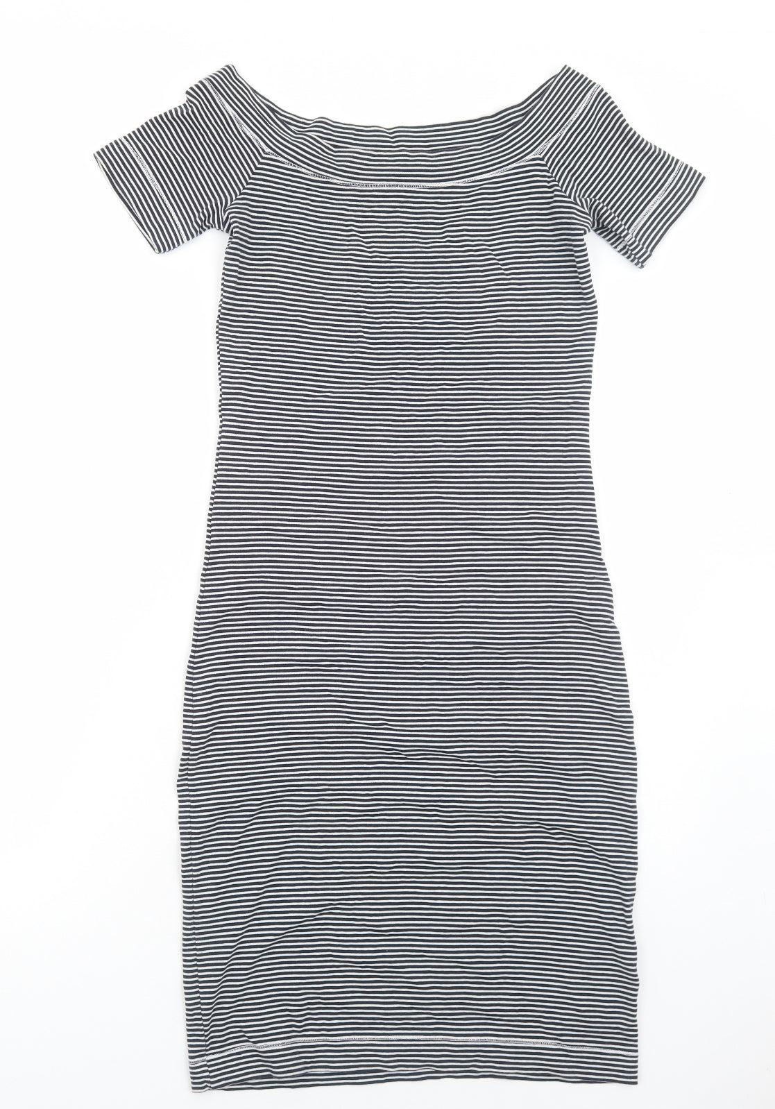 H&M Womens Black Striped Cotton Bodycon Size S Boat Neck Pullover