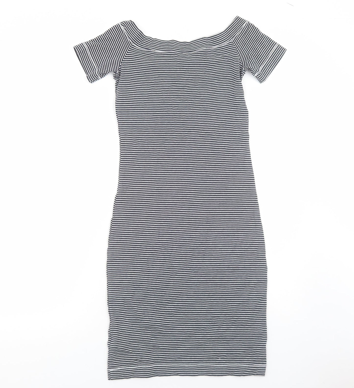 H&M Womens Black Striped Cotton Bodycon Size S Boat Neck Pullover