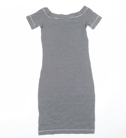 H&M Womens Black Striped Cotton Bodycon Size S Boat Neck Pullover