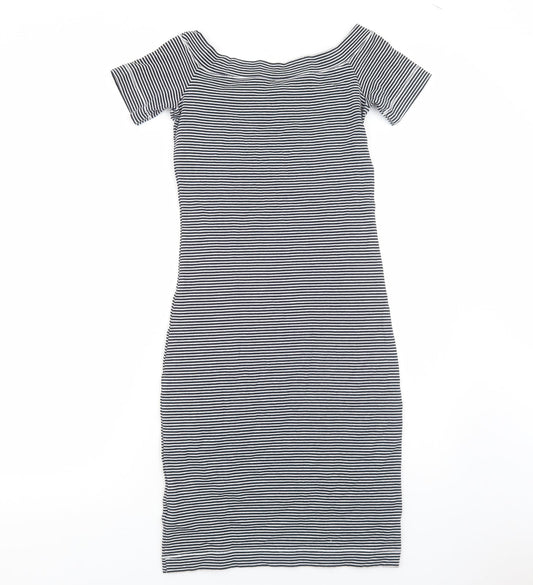 H&M Womens Black Striped Cotton Bodycon Size S Boat Neck Pullover