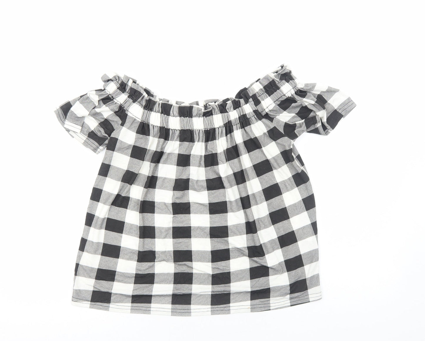 Primark Womens Black Check Viscose Basic Blouse Size 12 Boat Neck