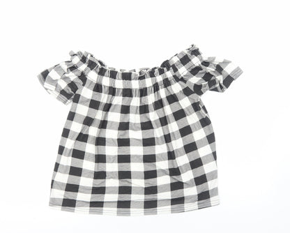 Primark Womens Black Check Viscose Basic Blouse Size 12 Boat Neck
