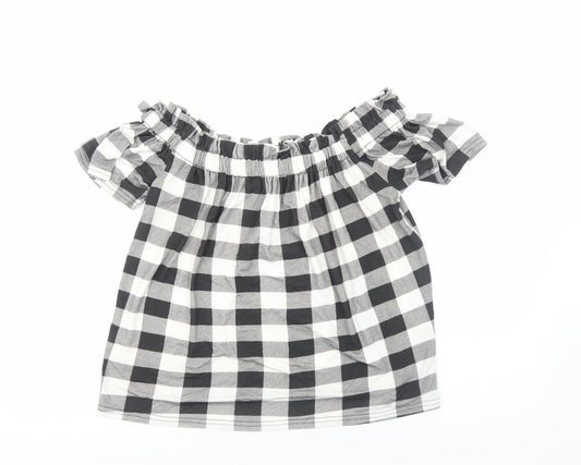 Primark Womens Black Check Viscose Basic Blouse Size 12 Boat Neck