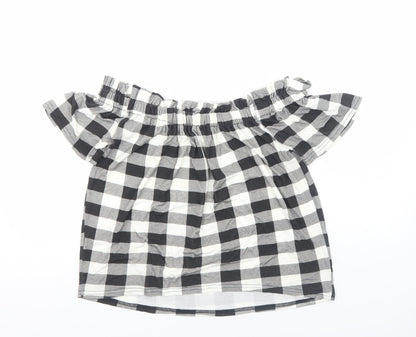 Primark Womens Black Check Viscose Basic Blouse Size 12 Boat Neck