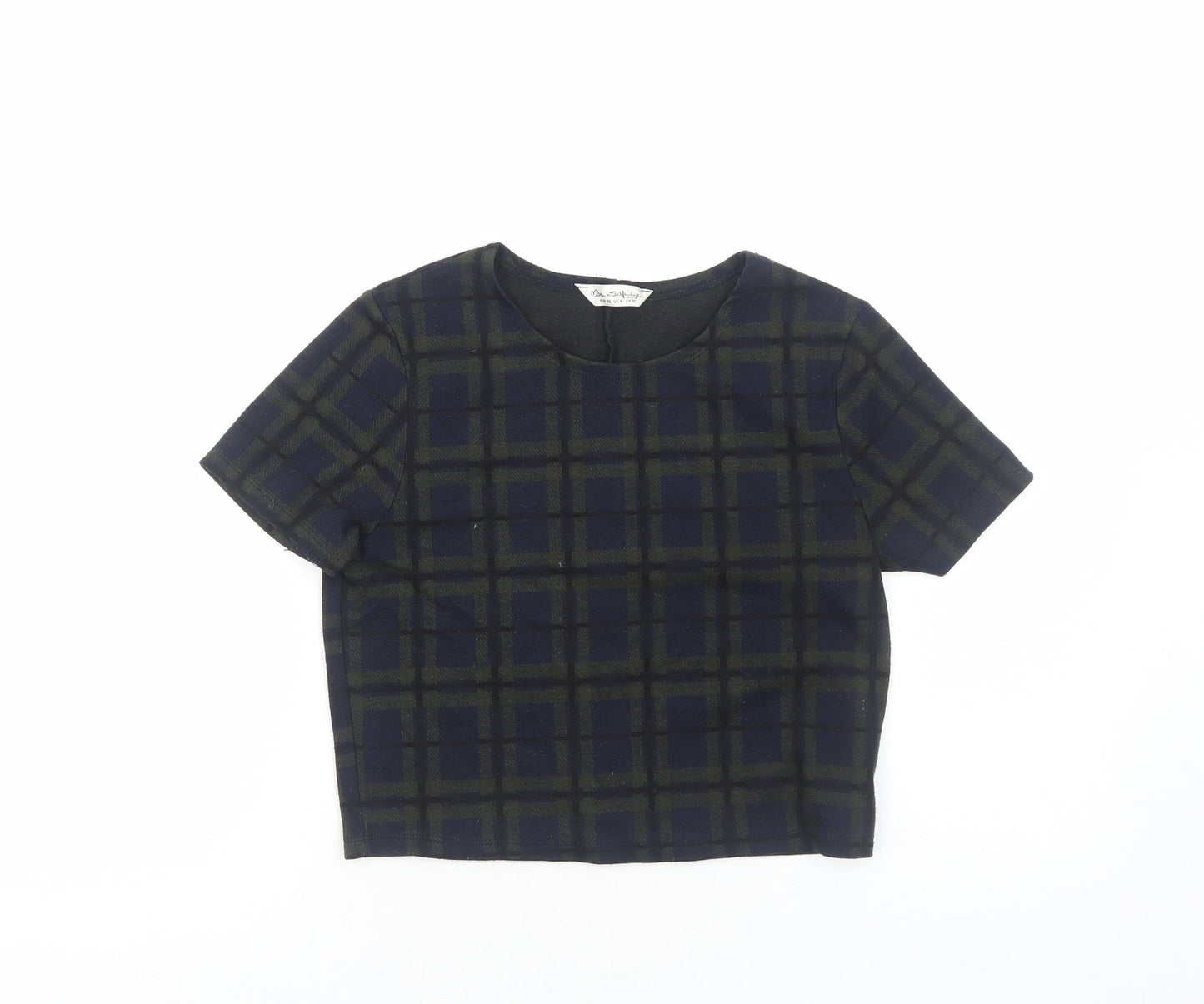 Miss Selfridge Womens Green Geometric Polyester Cropped T-Shirt Size 10 Round Neck