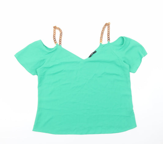 George Womens Green Viscose Basic Blouse Size 16 V-Neck - Chain Strap Cold Shoulder