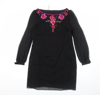 Teatro Womens Black Polyester A-Line Size 10 Boat Neck Zip - Flower