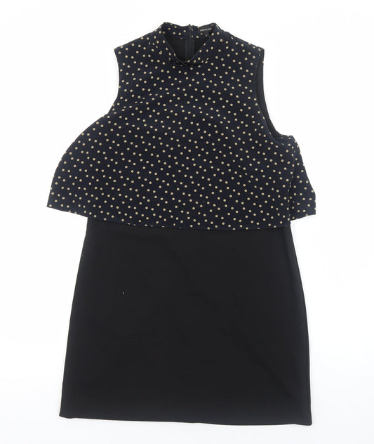 River Island Womens Black Geometric Polyester A-Line Size 12 Mock Neck Zip