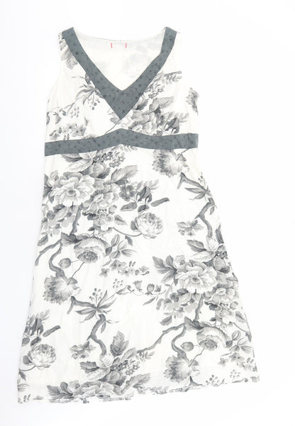 Preworn Womens White Floral Cotton A-Line Size L V-Neck Zip